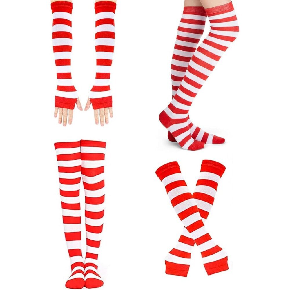 Red and White Striped Socks, Including Candy Cane High Knee Socks Long Arm Warme